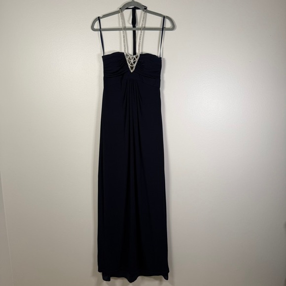 Cache Dresses & Skirts - Cache Gown 6 Midnight Blue Rhinestone Halter Neck Formal Dress Maxi Made in USA